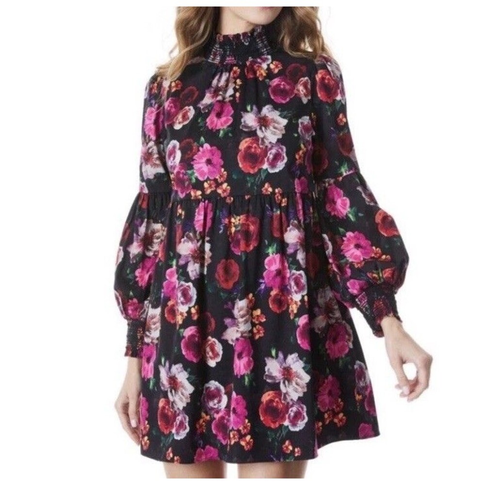 Alice + Olivia Thea Dress Size Large Black Pink Floral Print Blouson Sleeve